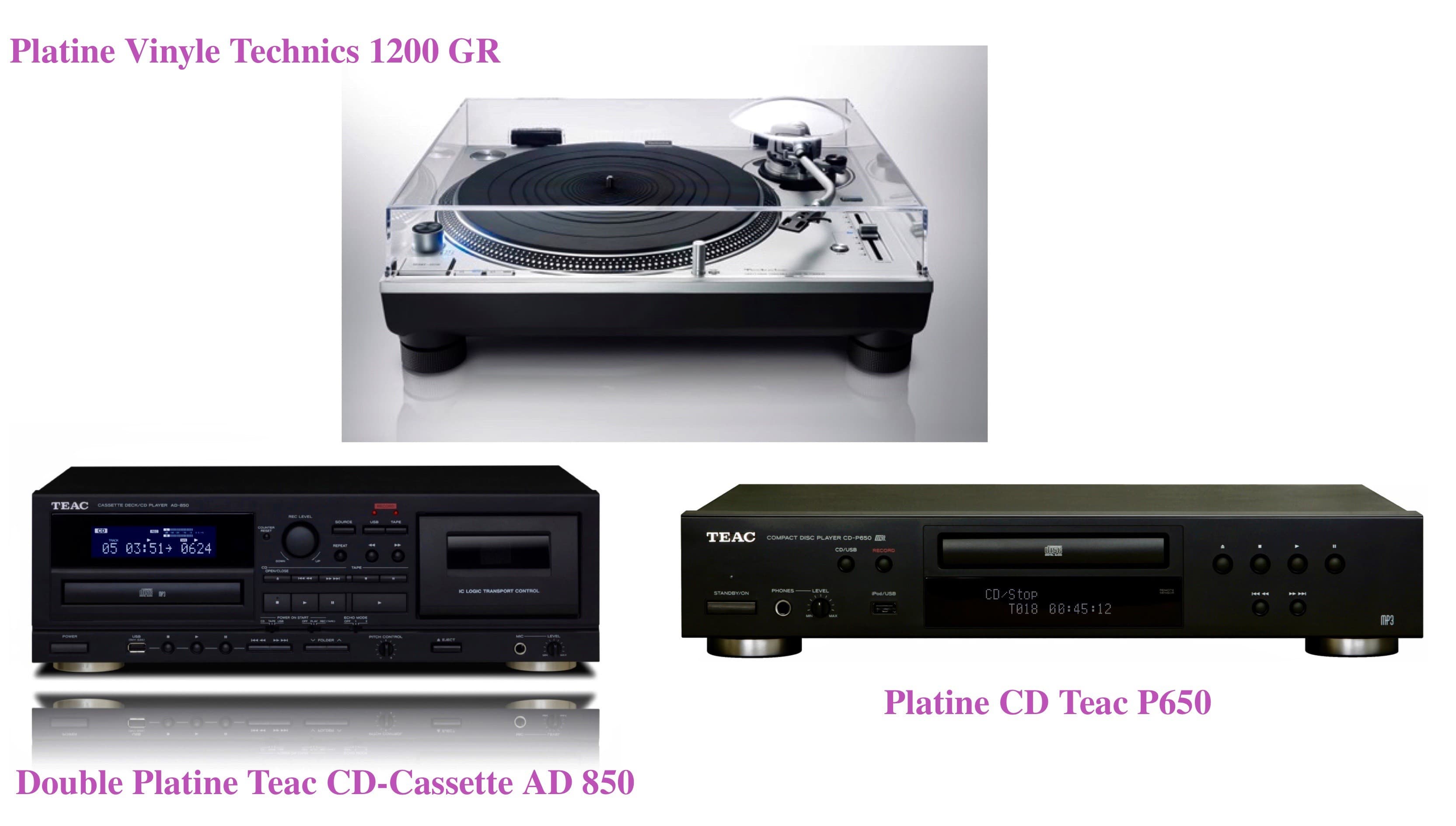PACK PLATINES TEAC CD P650 & Double CD/CASSETTE AD850, PLATINE VINYLE TECHNICS 1200 GR & Casque AKG N60NC+BT